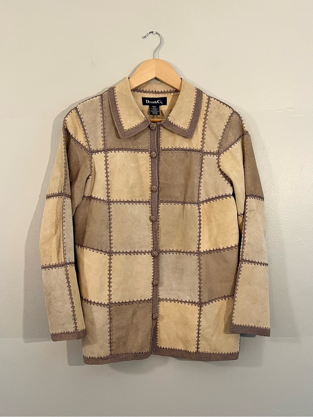 Vintage Denim&Co tan cream patchwork suede leather jacket boho western 1990’s